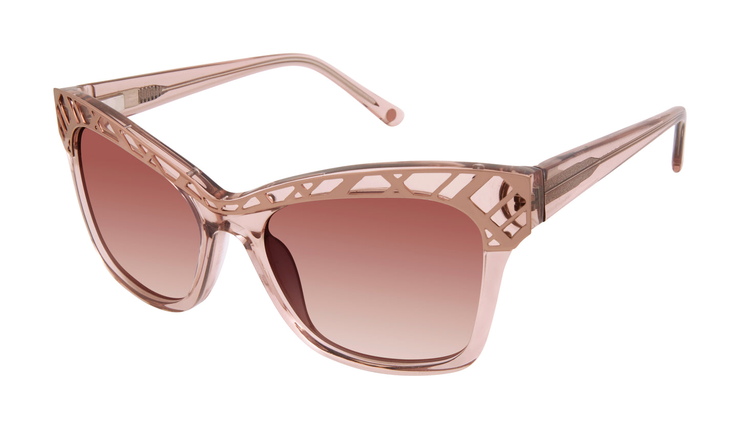 L.A.M.B. LA557 BLS Sunglasses with bold rectangular cat eye frame, crystal blush acetate, rose gradient lenses, and designer details by Gwen Stefani.
