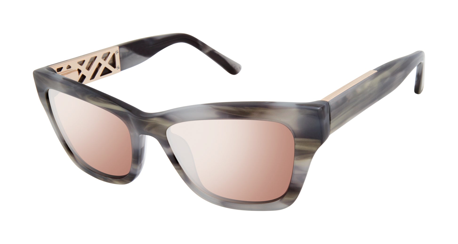 L.A.M.B. LA558 GRY Sunglasses with bold rectangular cat eye frame, grey-gold horn acetate, gold flash lenses, and designer accents by Gwen Stefani.