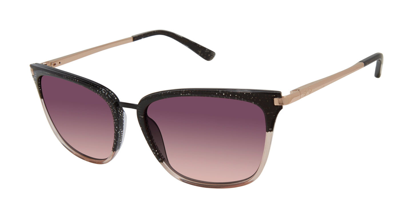 L.A.M.B. LA566 BLK Sunglasses with rectangular frame, black-to-blush acetate front, gold temples, and purple gradient lenses by Gwen Stefani.