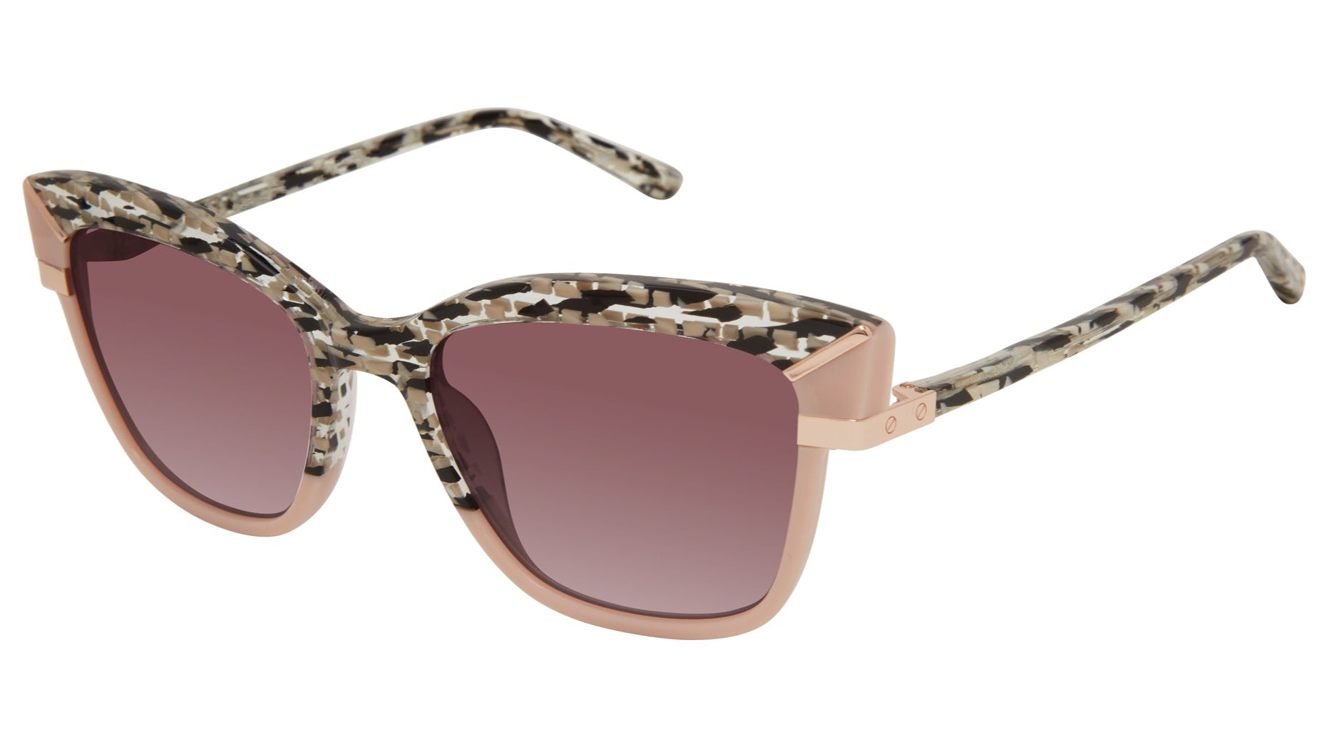 L.A.M.B. LA571 BLK sunglasses with bold black and blush frames and a distinctive geometric shape, offering a modern, high-fashion look with Gwen Stefani’s signature edge.