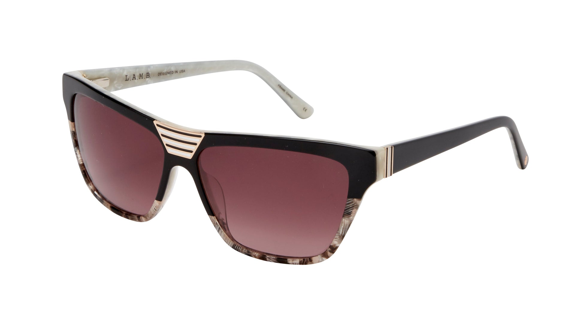 L.A.M.B. LA573 BLK sunglasses with a bold square frame, featuring a sleek black upper, marbled lower rims, and gradient burgundy lenses, accented by a signature gold stripe detail at the bridge.