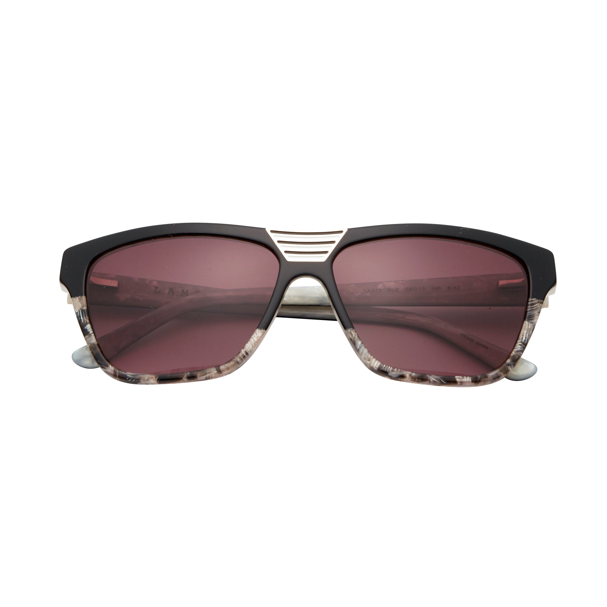 L.A.M.B. LA573 BLK sunglasses with a bold square frame, featuring a sleek black upper, marbled lower rims, and gradient burgundy lenses, accented by a signature gold stripe detail at the bridge. Front view.