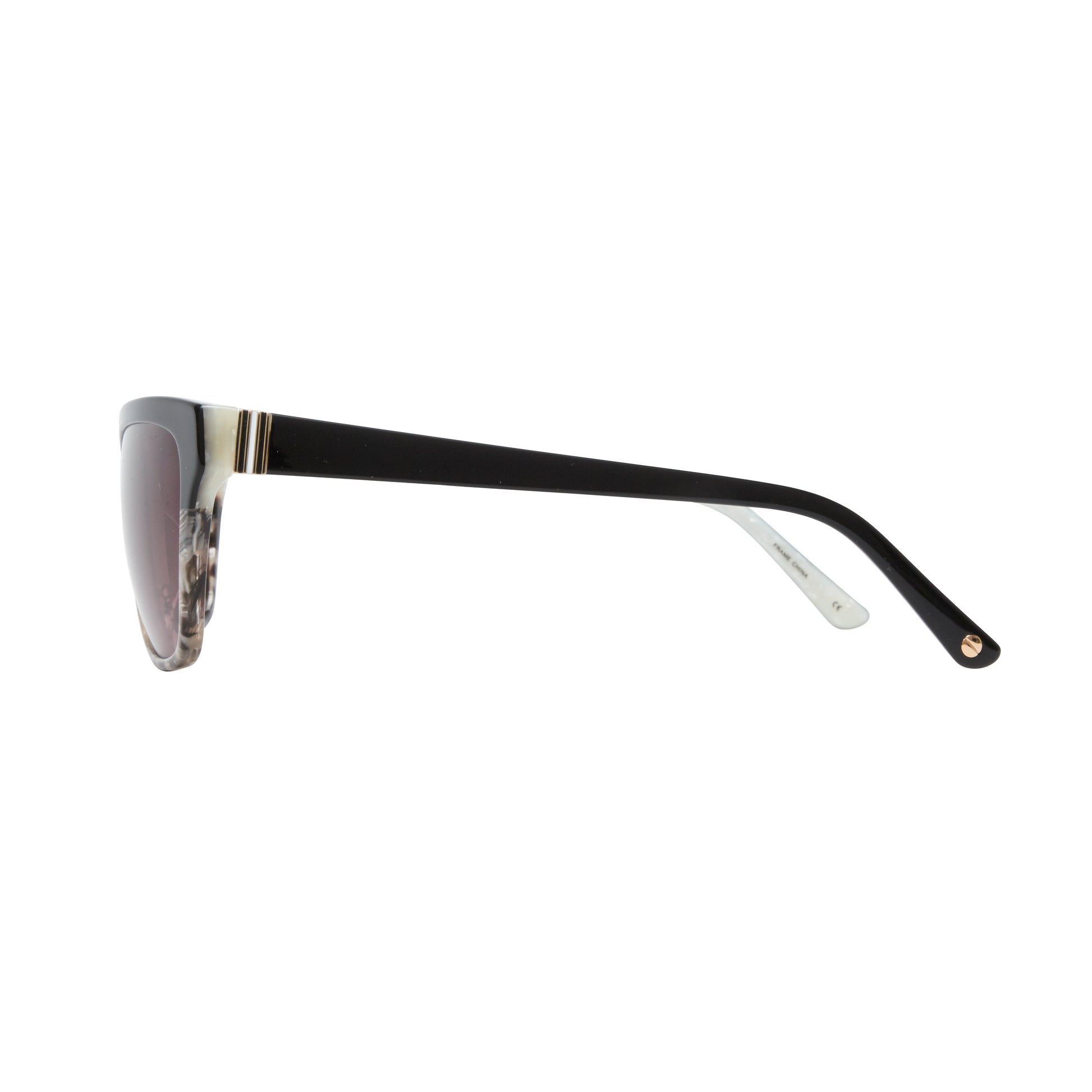 L.A.M.B. LA573 BLK sunglasses with a bold square frame, featuring a sleek black upper, marbled lower rims, and gradient burgundy lenses, accented by a signature gold stripe detail at the bridge. Side view.