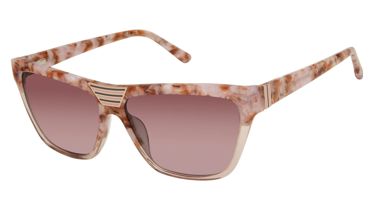 L.A.M.B. LA573 BLS sunglasses featuring a bold square frame in a marbled blush acetate finish, with gradient rose lenses and a signature gold stripe detail at the bridge for a striking modern look.