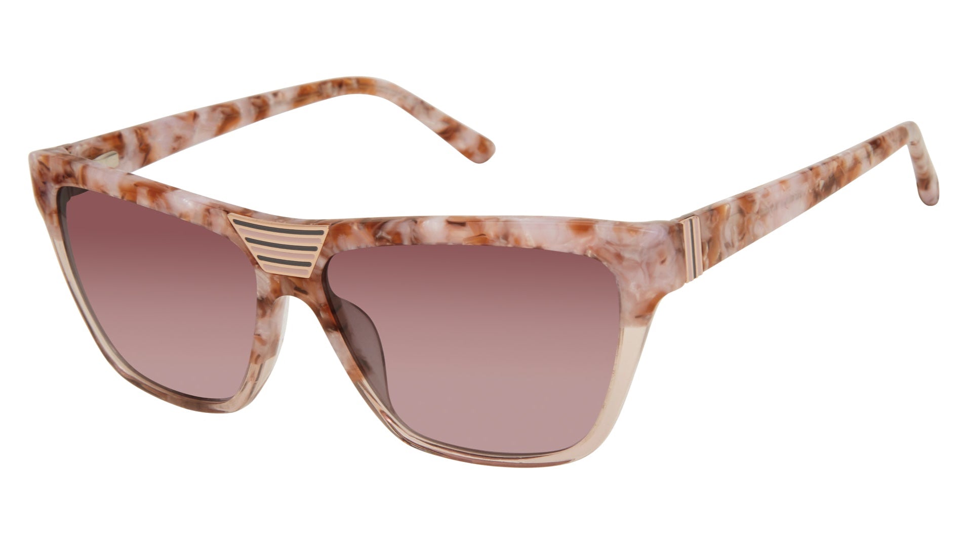 L.A.M.B. LA573 BLS sunglasses featuring a bold square frame in a marbled blush acetate finish, with gradient rose lenses and a signature gold stripe detail at the bridge for a striking modern look.