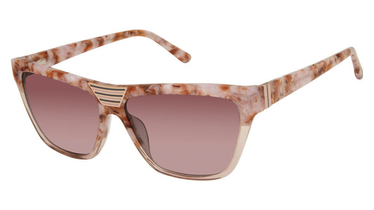 L.A.M.B. LA573 BLS sunglasses featuring a bold square frame in a marbled blush acetate finish, with gradient rose lenses and a signature gold stripe detail at the bridge for a striking modern look.