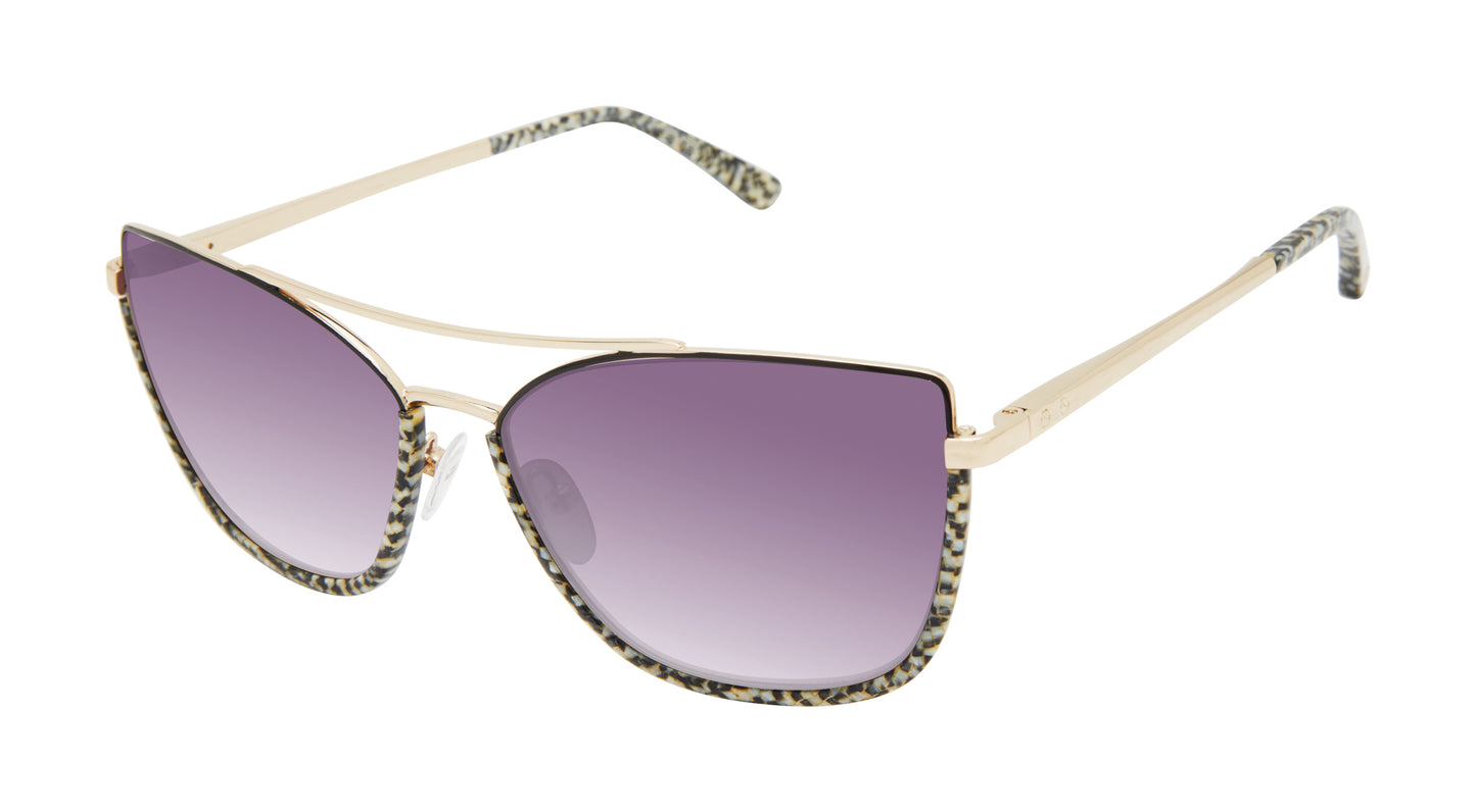 L.A.M.B. LA574 GLD Sunglasses with oversized cat eye frame, black marble over gold metal front, gold temples, and purple gradient lenses by Gwen Stefani.