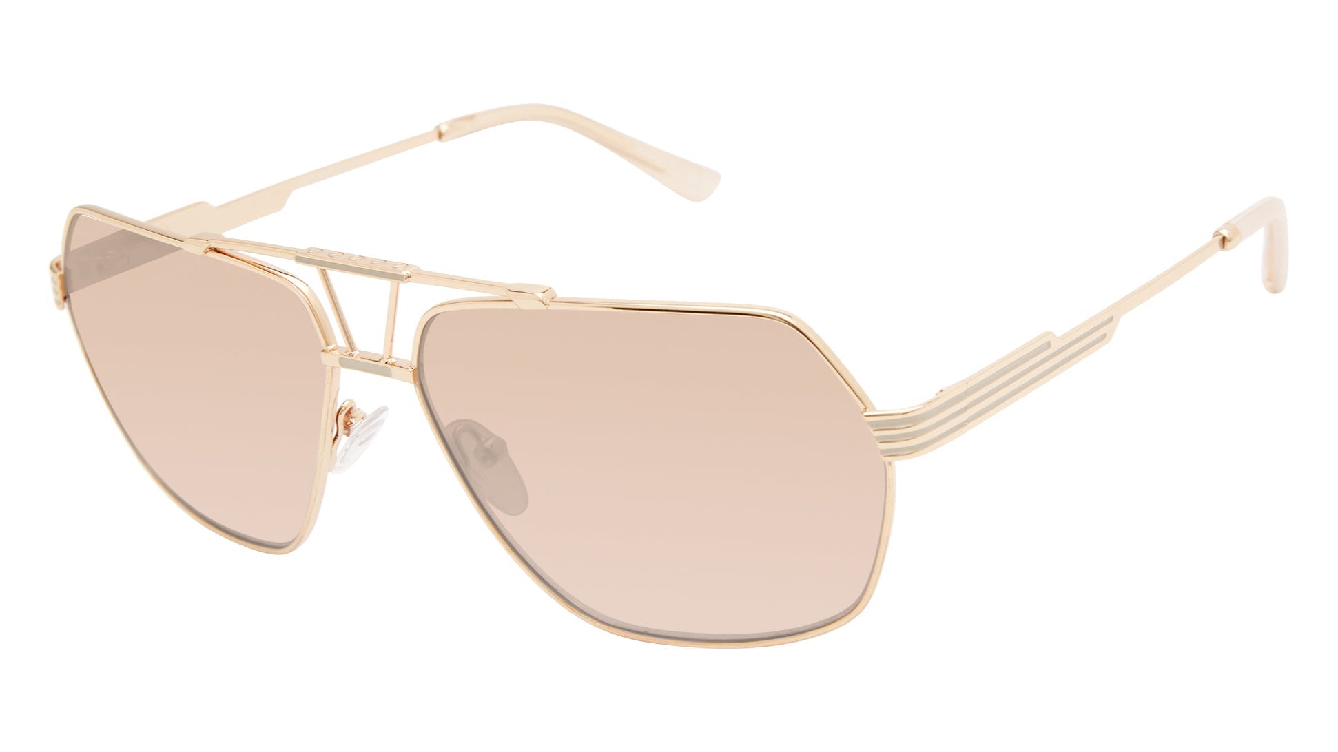 L.A.M.B. LA577 GLD sunglasses featuring a bold geometric aviator gold metal frame, matching gold gradient lenses, signature cutout bridge, and striped temple accents for a modern luxe look.