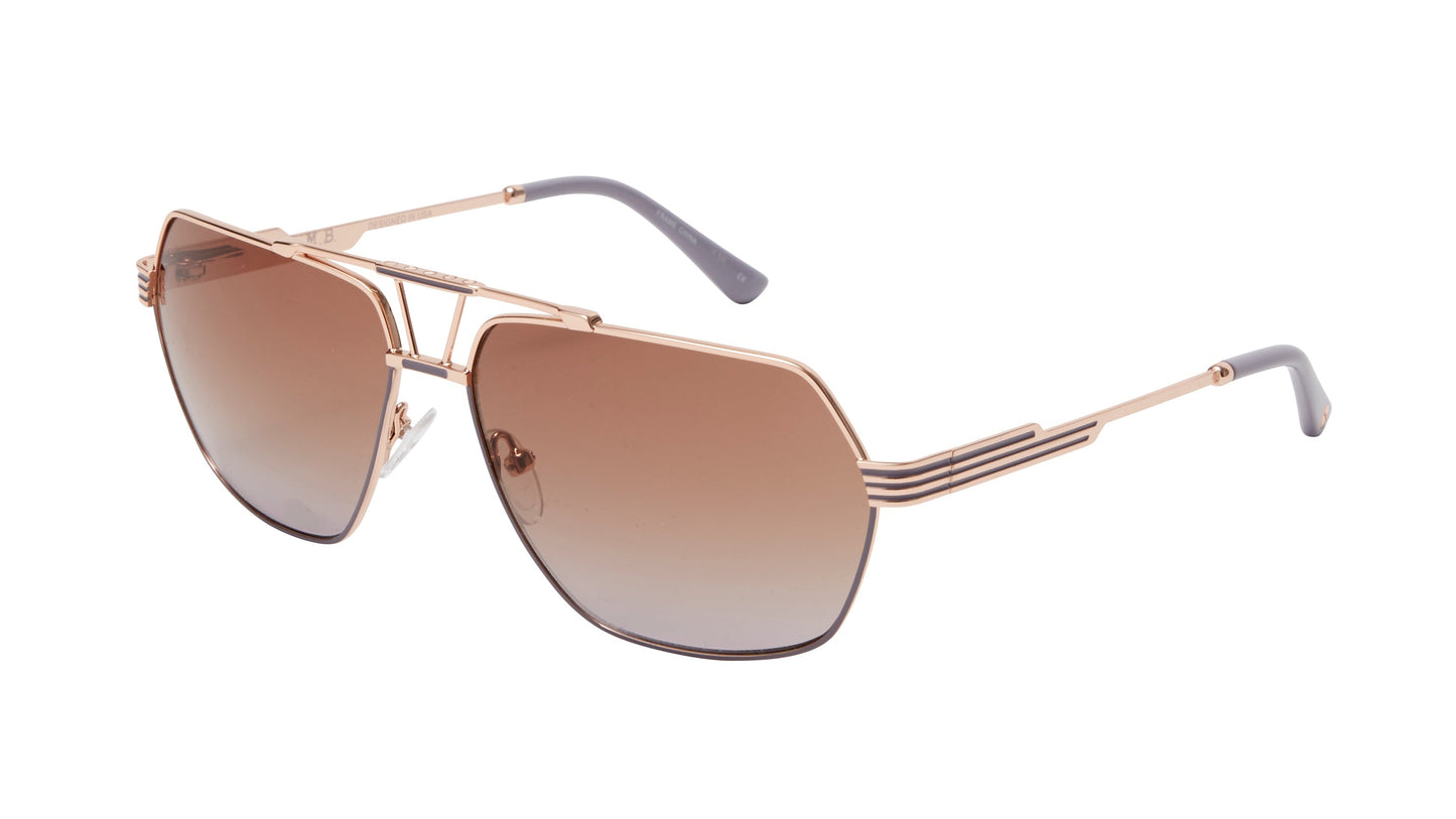 L.A.M.B. LA577 RGD sunglasses with a geometric aviator rose gold metal frame, gradient brown lenses, signature cutout bridge design, and sleek striped temples with grey temple tips.