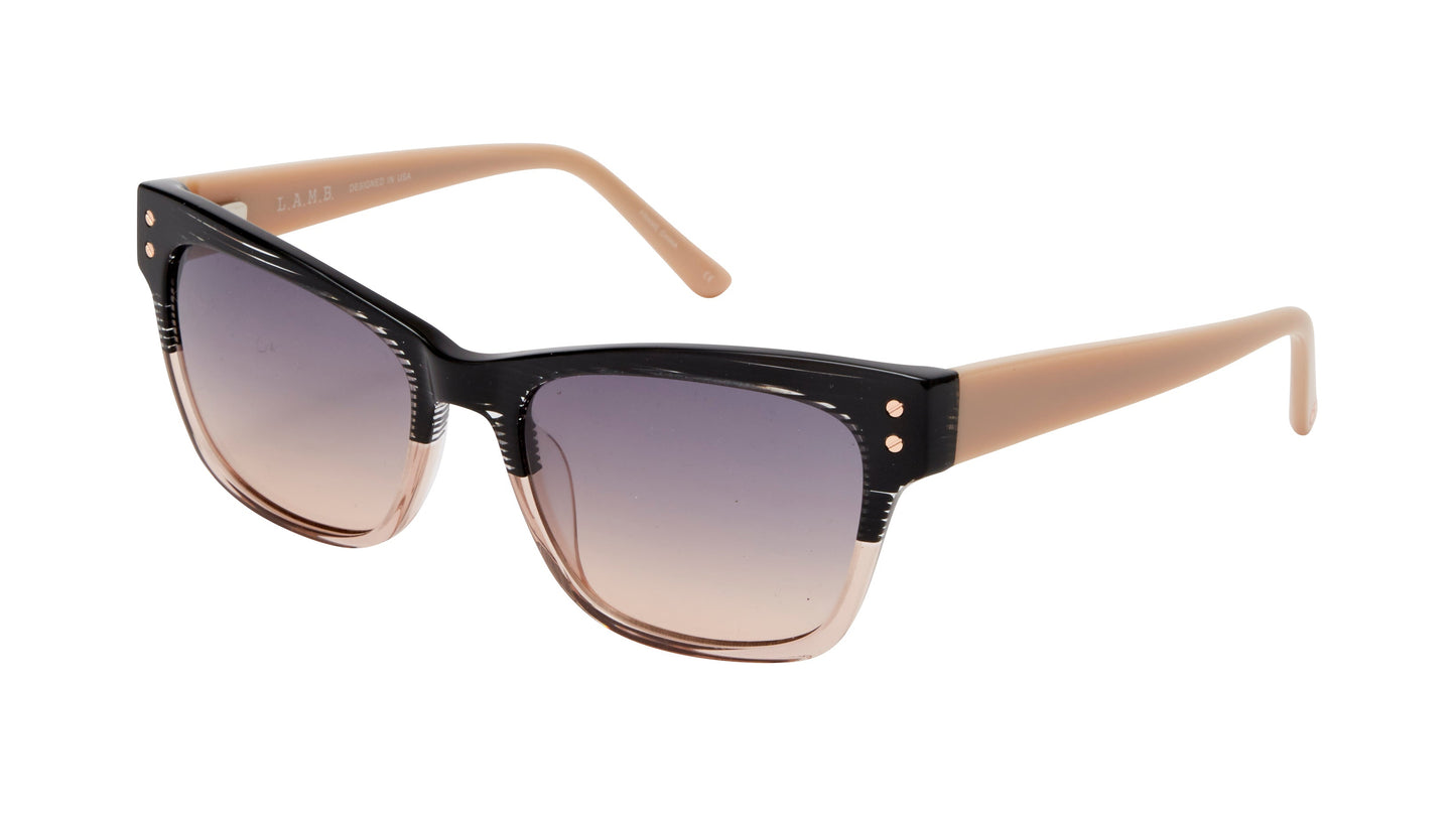 L.A.M.B. LA579 BLK sunglasses featuring a bold square frame with a black upper front, blush pink lower rims, gradient lenses, and soft blush-toned temples.
