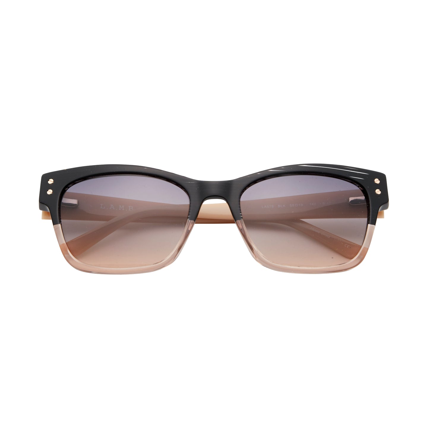 L.A.M.B. LA579 BLK sunglasses featuring a bold square frame with a black upper front, blush pink lower rims, gradient lenses, and soft blush-toned temples. Front view.