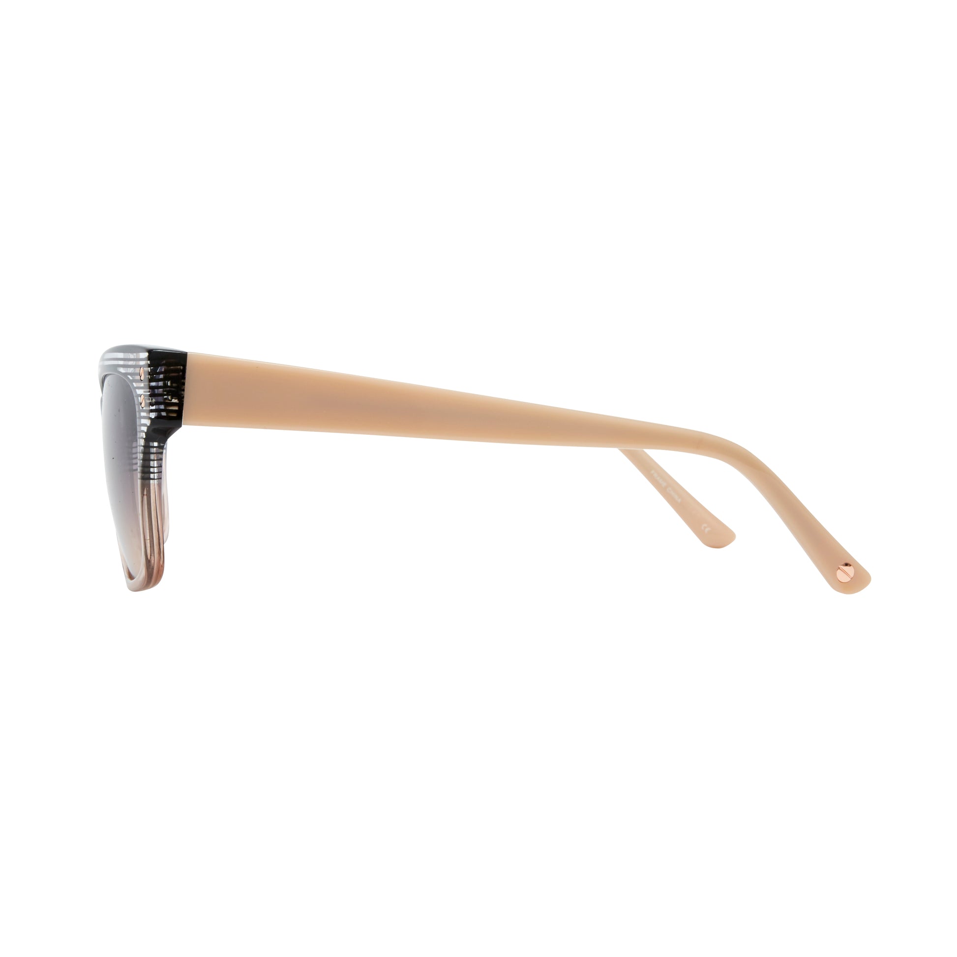 L.A.M.B. LA579 BLK sunglasses featuring a bold square frame with a black upper front, blush pink lower rims, gradient lenses, and soft blush-toned temples.Side view.