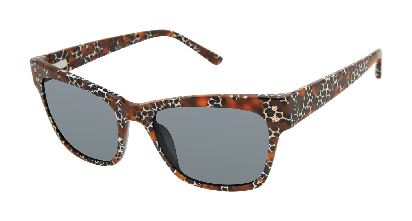 L.A.M.B. LA579 TOR sunglasses with a bold square frame in a tortoiseshell pattern overlaid with abstract black and cream spots, featuring smoke lenses.