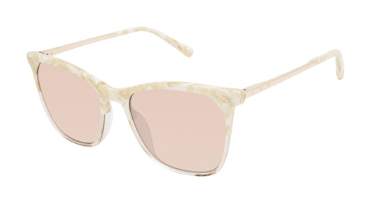 L.A.M.B. LA580 BON sunglasses featuring a soft cat-eye frame in a pearlized ivory finish, complemented by rose gold metal temples and lightly tinted blush lenses.