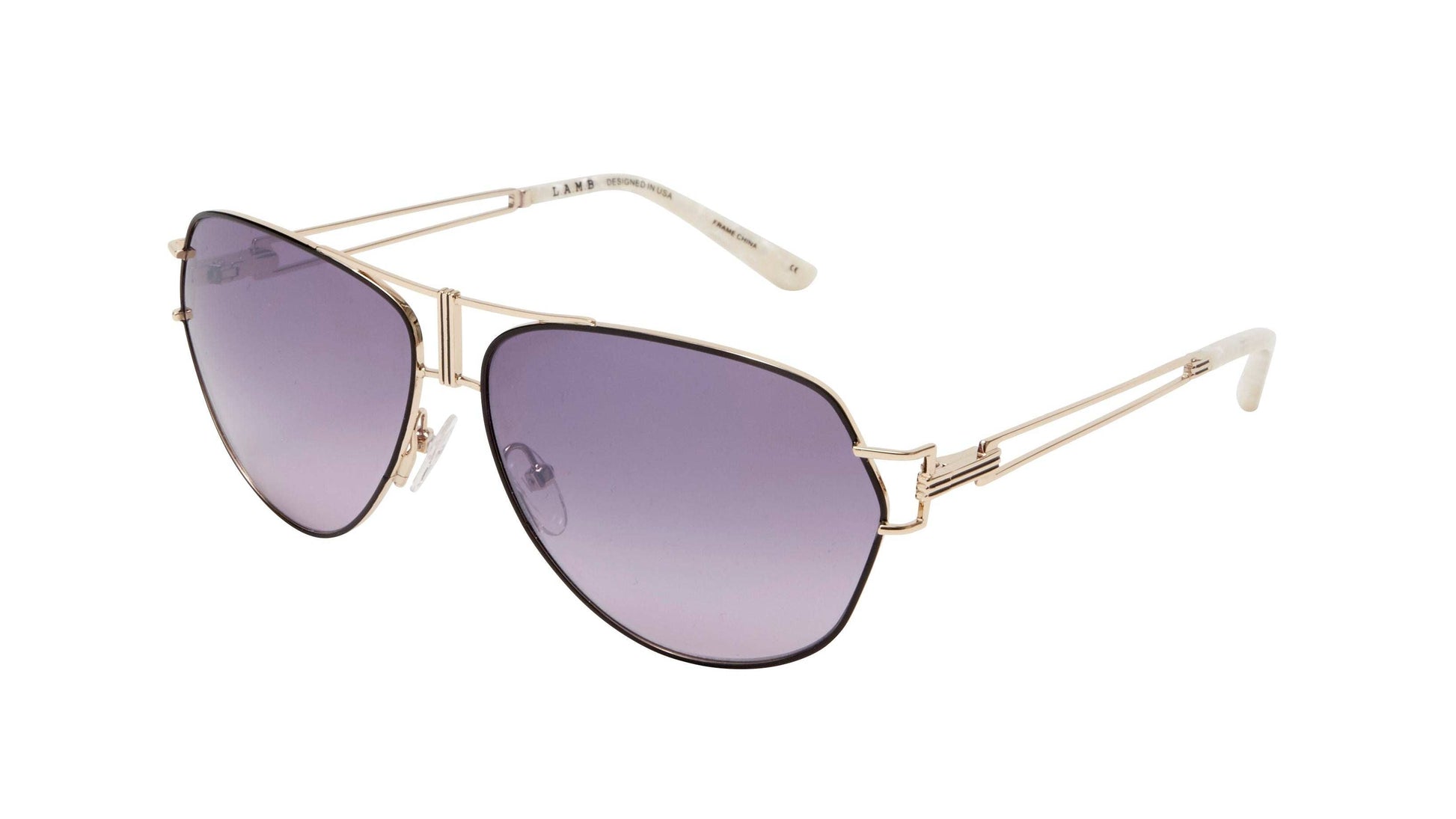 L.A.M.B. LA583 BLK Sunglasses gold metal aviator with black gradient lenses and marbelized acetate temples, UV400 protection