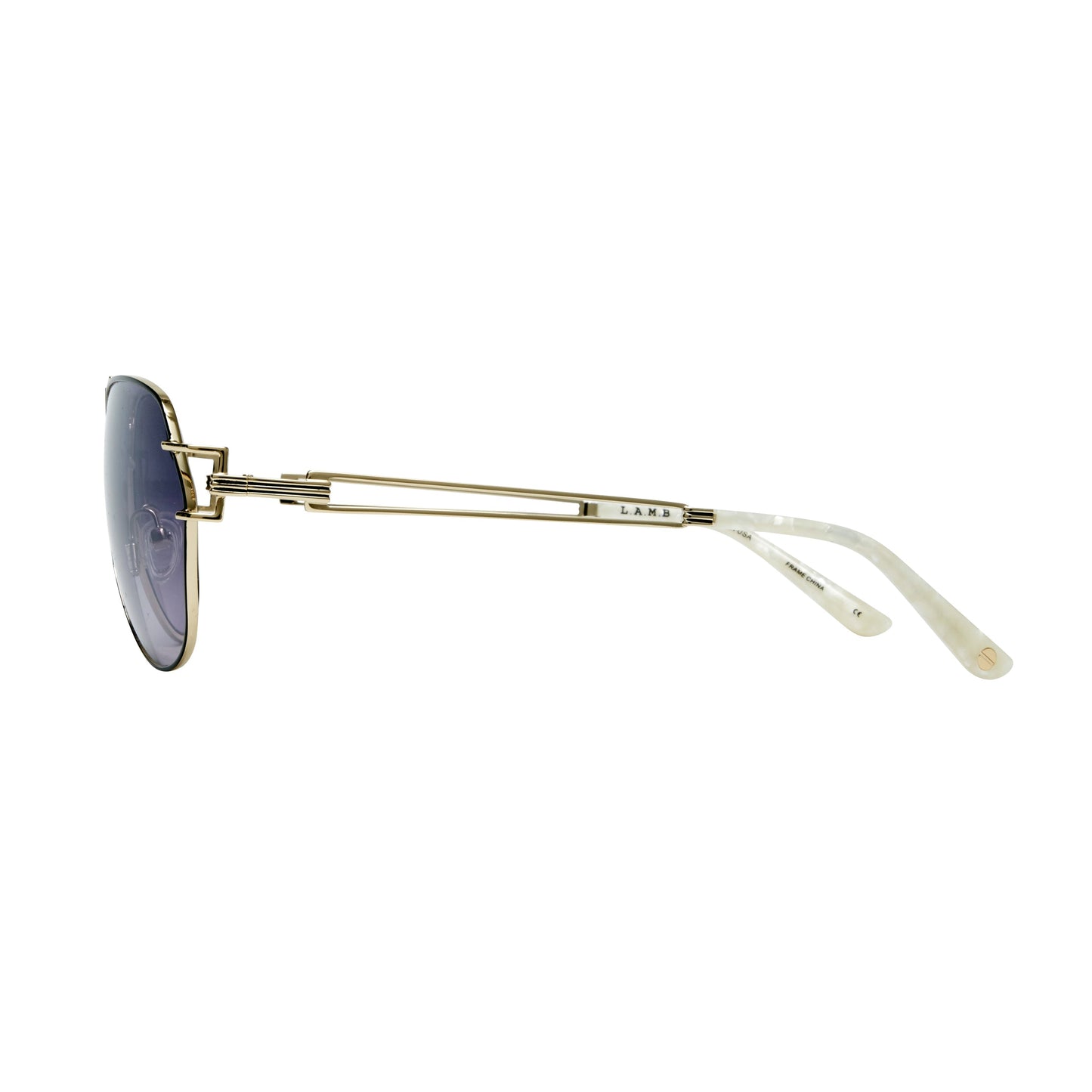 Side view of L.A.M.B. LA583 BLK Sunglasses featuring gold metal aviator frame, black gradient lenses, and marbled acetate temples with UV400 protection