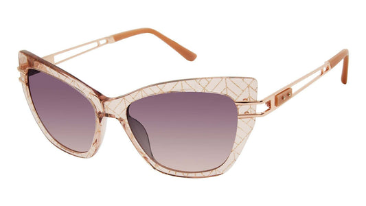 L.A.M.B. LA585 BLS cat eye sunglasses with blush crystal acetate frame, gold metal temples, and gradient fade UV400 lenses