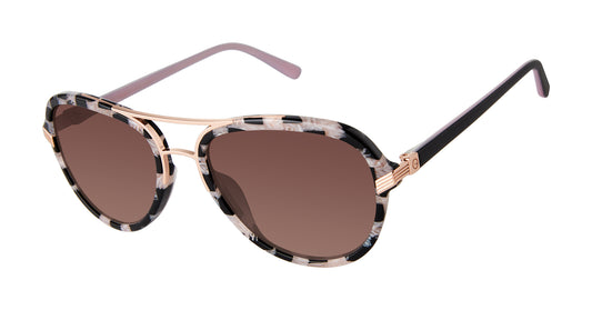 L.A.M.B. LA589 BLS Sunglasses with aviator frame, black & blush checkered acetate, gold metal detailing, and brown gradient lenses by Gwen Stefani.