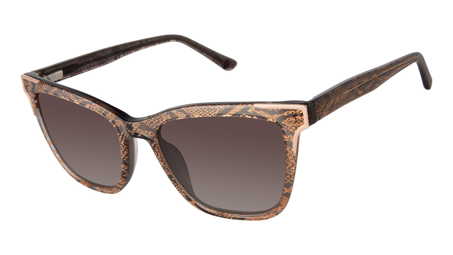 L.A.M.B. sunglasses by Gwen Stefani, LA590
Elevate your style with this modified square sunglass, featuring a custom python pattern adding a bold touch to your outfit.
The rose gold metal hardware detailing adds Gwen Stefani’s unique touch of sophistication, making these shades a statement of Hollywood glamour. A gradient fade lens completes the look.