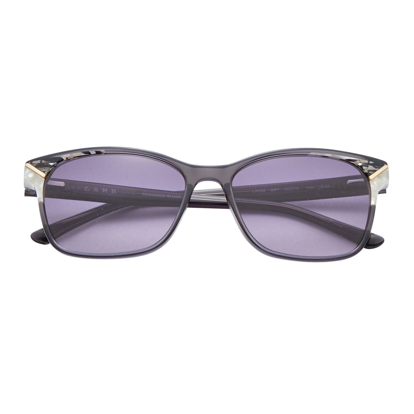 L.A.M.B. LA592 GRY sunglasses with gray gradient lenses, gray and ivory acetate frame, metal hardware, UV400 protection.