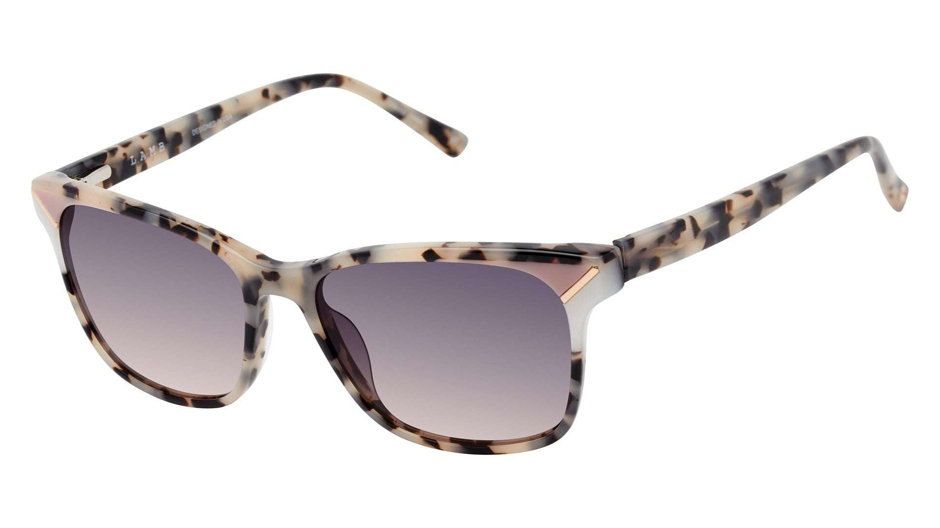 L.A.M.B. LA592 IVO sunglasses with milky tort and ivory acetate frame, gradient grey fade lenses, metal hardware, UV400 protection, size 55-16-140