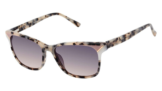 L.A.M.B. LA592 IVO sunglasses with milky tort and ivory acetate frame, gradient grey fade lenses, metal hardware, UV400 protection, size 55-16-140