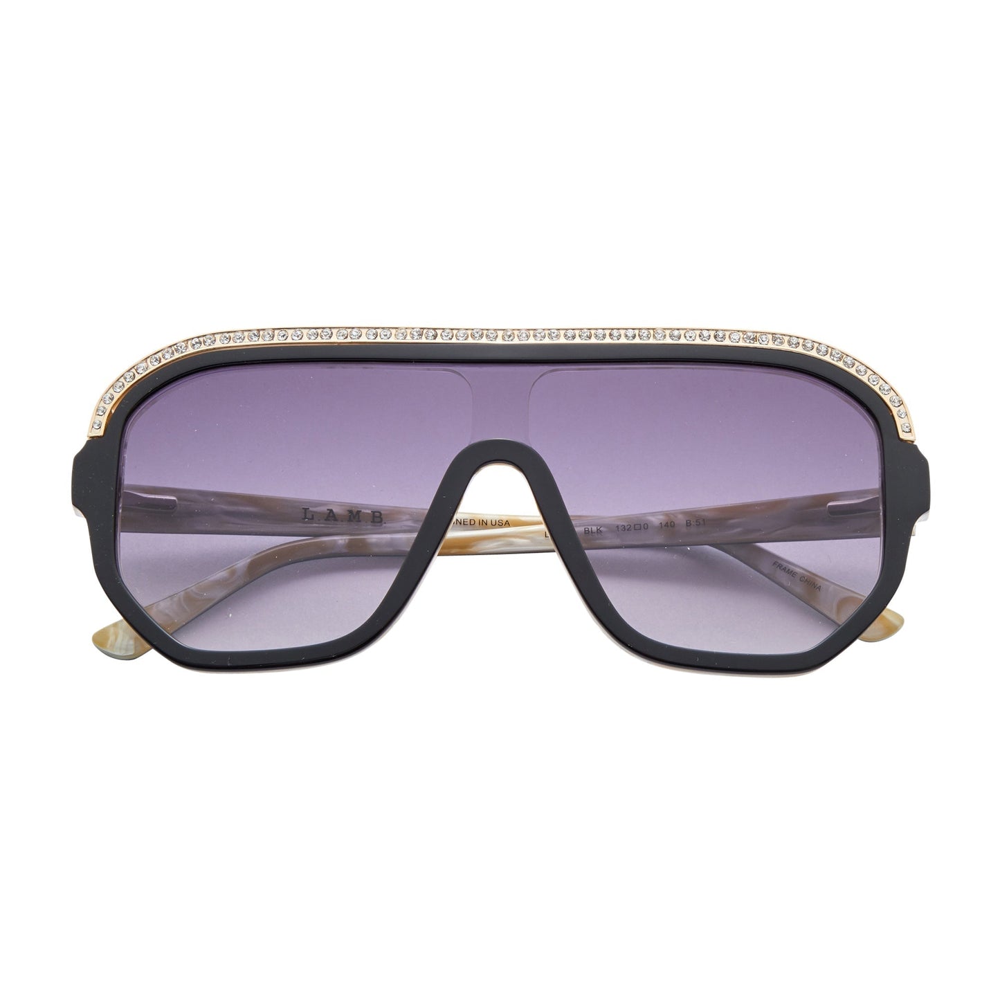 L.A.M.B. LA593 BLK Sunglasses shield-style with black and bone acetate, crystal inlays, gold details, and smoke fade lenses with UV400 protection