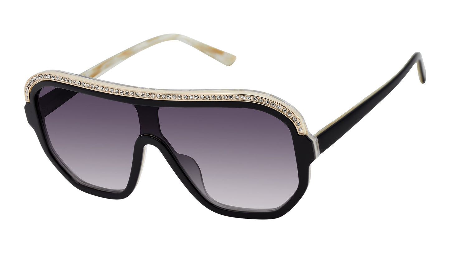 L.A.M.B. sunglasses by Gwen Stefani, LA593, shield sunglasses, UV400
Unleash your inner rockstar with this bold shield style, featuring custom black and bone acetate, striking crystal inlays and gold detailing.
The edgy design and smoke fade lenses add that unmistakable touch of Gwen Stefani's signature sophistication.