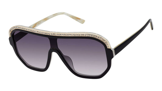 L.A.M.B. LA593 BLK shield sunglasses with black and bone acetate, crystal inlays, gold details, and smoke fade lenses with UV400 protection