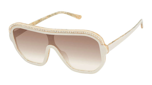 L.A.M.B. LA593 BON shield-style sunglasses with bone over pearl marble acetate frame and crystal inlays, UV400 protection.