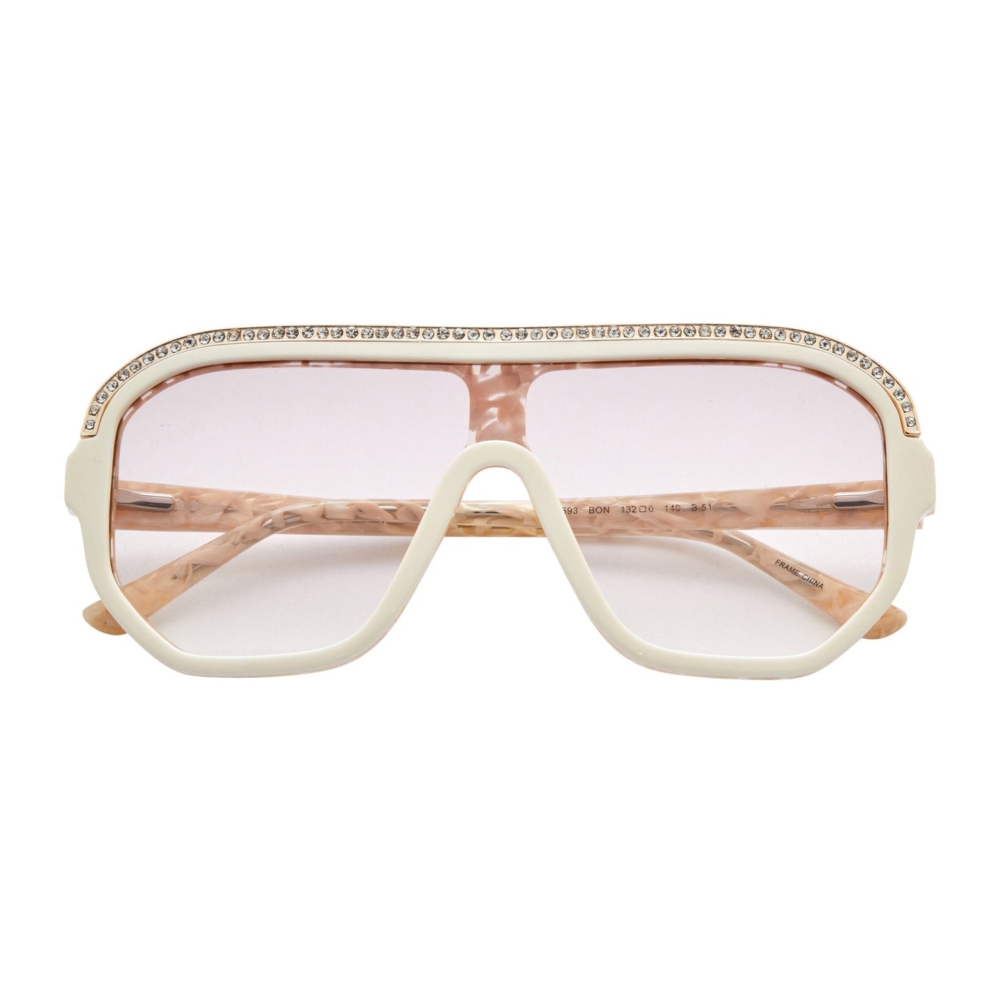 L.A.M.B. LA593 BON shield-style sunglasses with crystal inlays and gold detailing, UV400 protection, pearl marble acetate frame