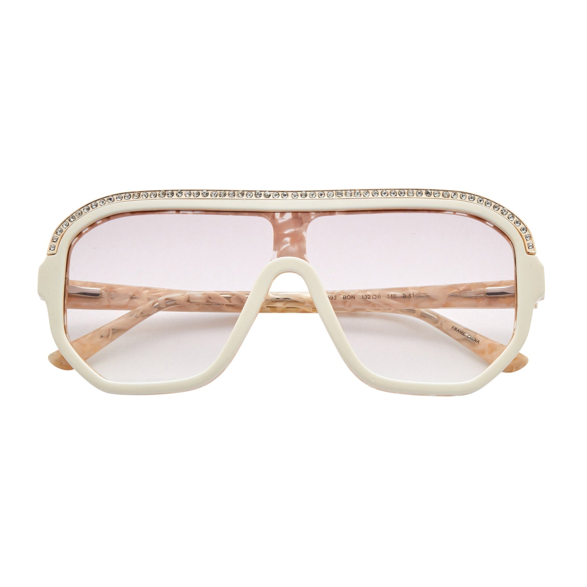 L.A.M.B. LA593 BON shield-style sunglasses with crystal inlays and gold detailing, UV400 protection, pearl marble acetate frame