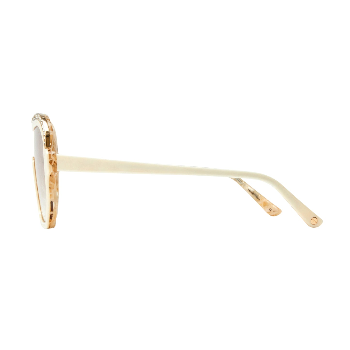 Side view of L.A.M.B. LA593 BON Sunglasses with bone over pearl marble acetate frame and gold detailing