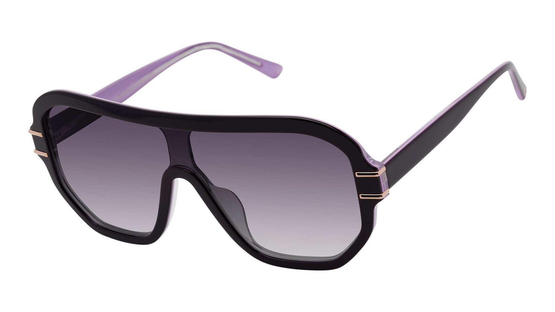 L.A.M.B. LA594 EGG Sunglasses with purple acetate frame, rose gold accents, and purple fade UV400 lenses
