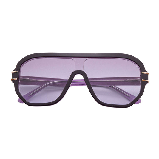 L.A.M.B. LA594 EGG sunglasses with purple fade lenses, rose gold accents, and UV400 protection in bold shield design