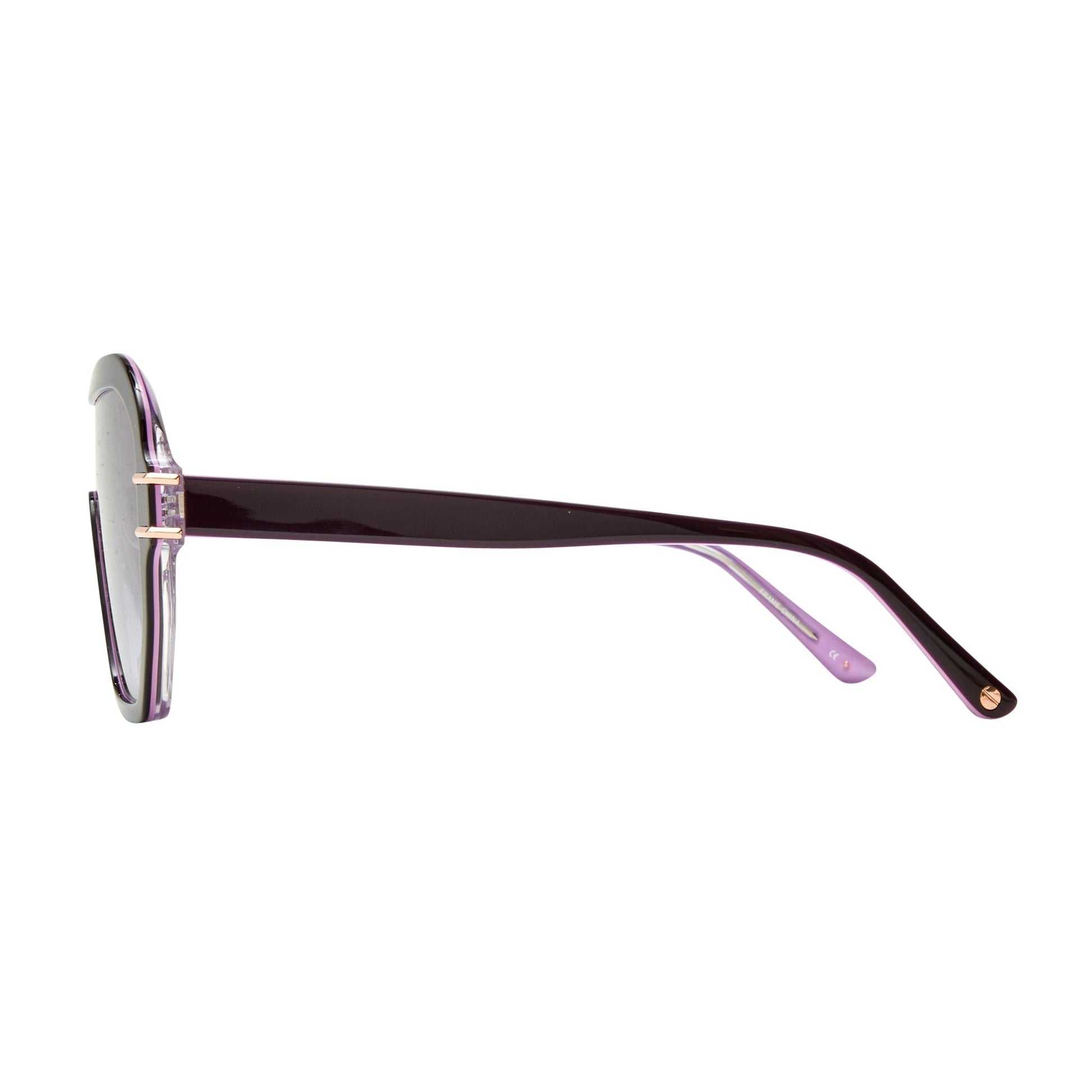 Side view of L.A.M.B. LA594 EGG Sunglasses with purple acetate frame and rose gold accents