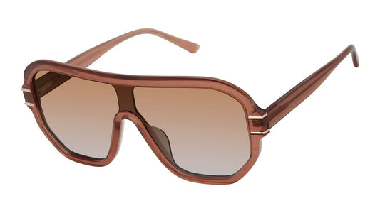 L.A.M.B. LA594 TAU Sunglasses with taupe pearl horn acetate frame, rose gold details, and taupe-to-gray fade lenses with UV400 protection