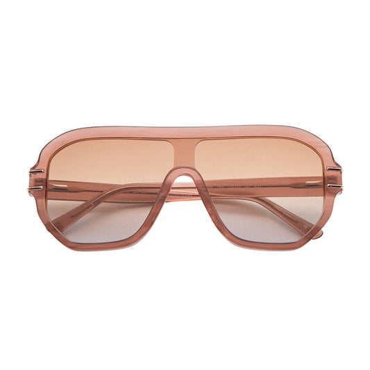 L.A.M.B. LA594 TAU Sunglasses with taupe pearl acetate frame and taupe-to-gray fade lenses, featuring rose gold accents and UV400 protection