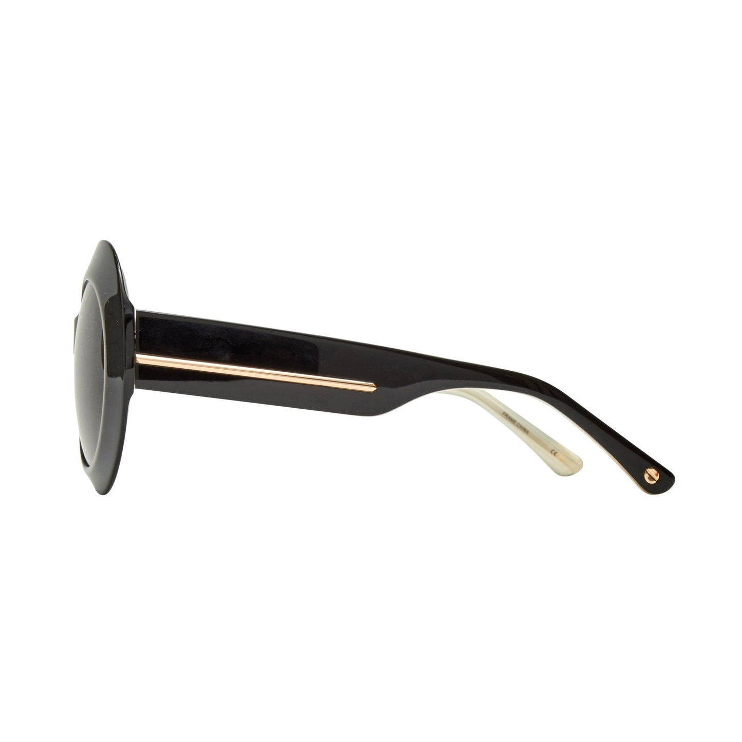 L.A.M.B. LA595 BLK oversized oval black sunglasses with gold detailing and UV400 protection side view