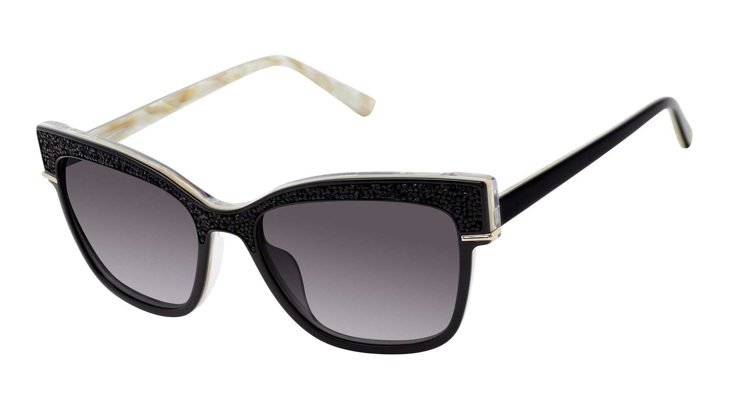 L.A.M.B. LA596 BLK Sunglasses black acetate cat-eye frames with black crystal inlays and UV400 protection