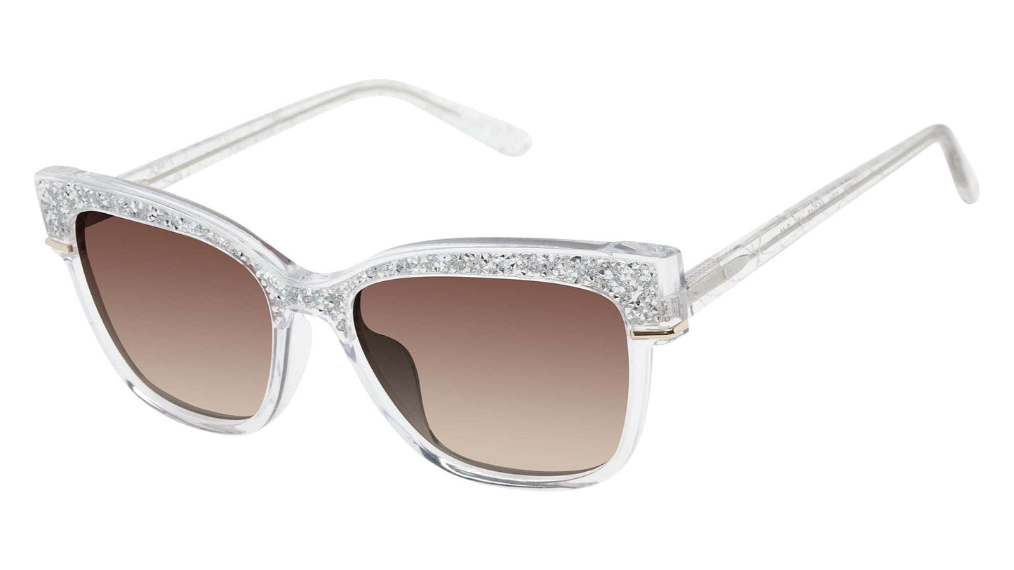 L.A.M.B. LA596 CRY sunglasses with crystal acetate frame, silver details, and UV400 protection