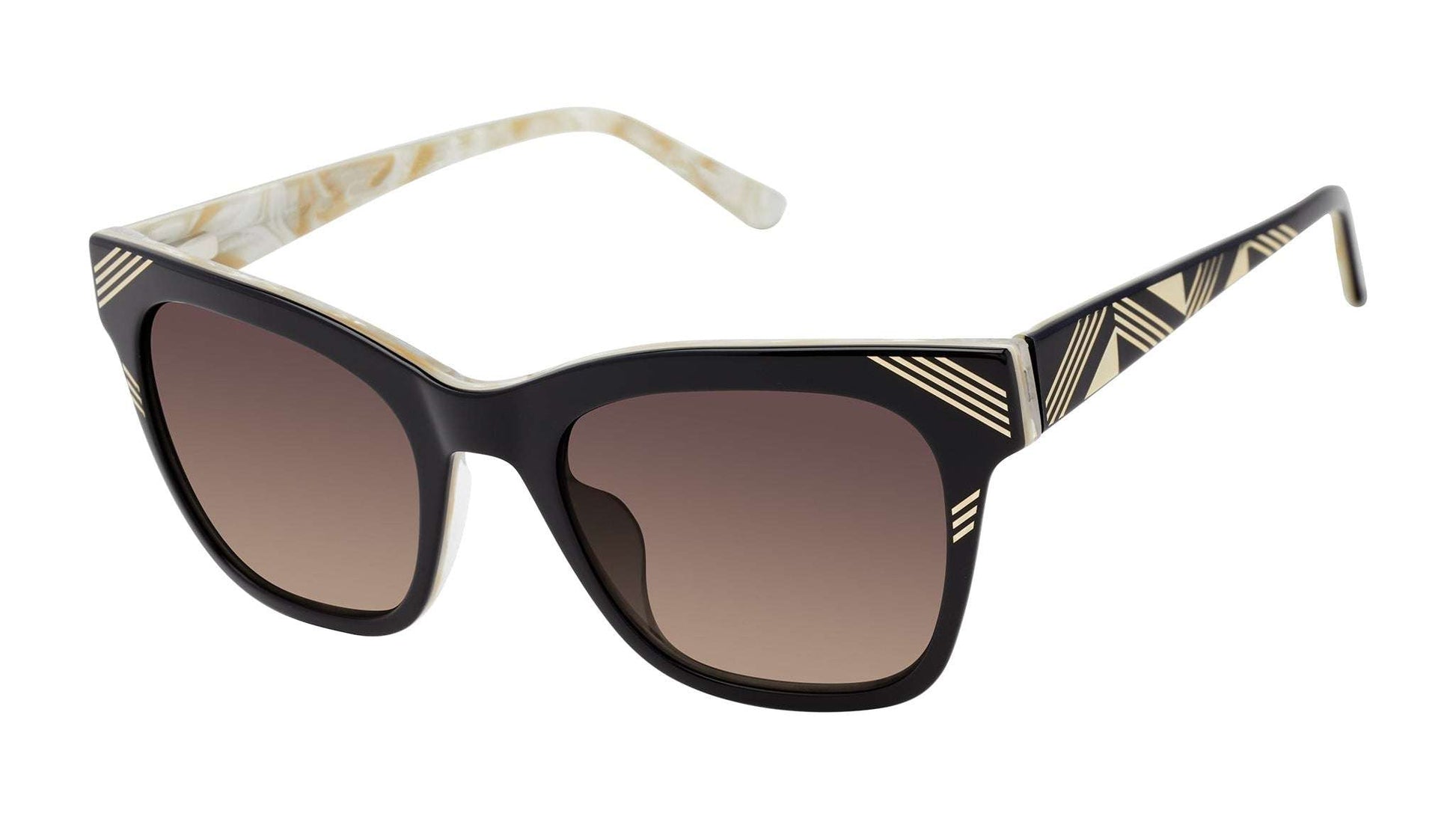 L.A.M.B. LA597 BLK Sunglasses with black and gold pearl acetate and brown-to-smoke fade lens, UV400 protection