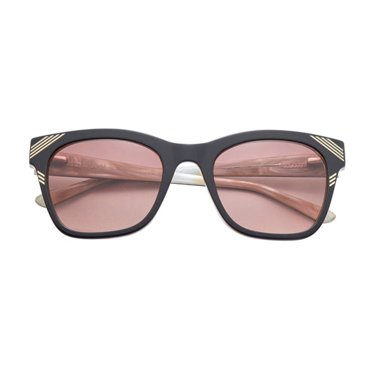 L.A.M.B. LA597 BLK Sunglasses black square frame with rose tinted lenses and gold accents UV400 protection