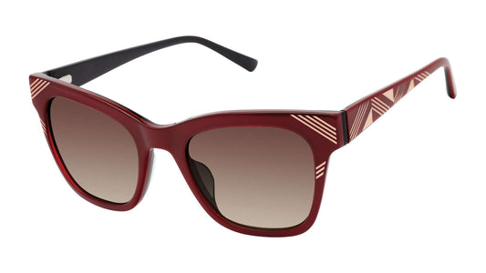 L.A.M.B. LA597 RED square sunglasses with red black acetate and rose gold foil accents, gradient lenses, UV400 protection