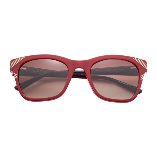 L.A.M.B. LA597 RED Sunglasses with red over black acetate frame, rose gold accents, gradient lenses, and UV400 protection.
