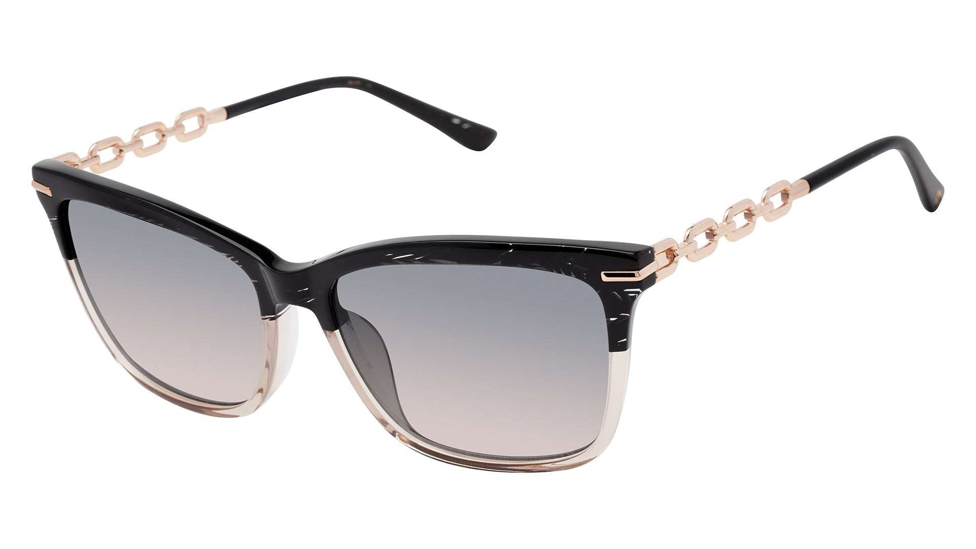 L.A.M.B. LA598 BLK oversized sunglasses with black crystal brow, blush rim, rose gold chain temples, and gradient smoke to blush lenses with UV400 protection