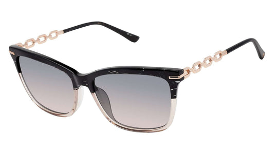 L.A.M.B. LA598 BLK oversized sunglasses with black crystal brow, blush rim, rose gold chain temples, and gradient smoke to blush lenses with UV400 protection