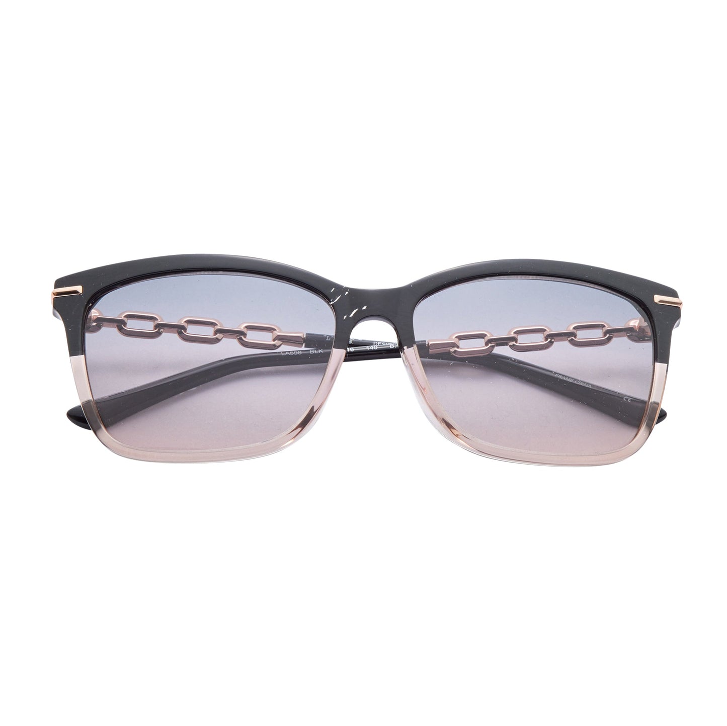 L.A.M.B. LA598 BLK oversized sunglasses with black crystal brow, blush rim, rose gold chain temples, and gradient smoke to blush lenses with UV400 protection