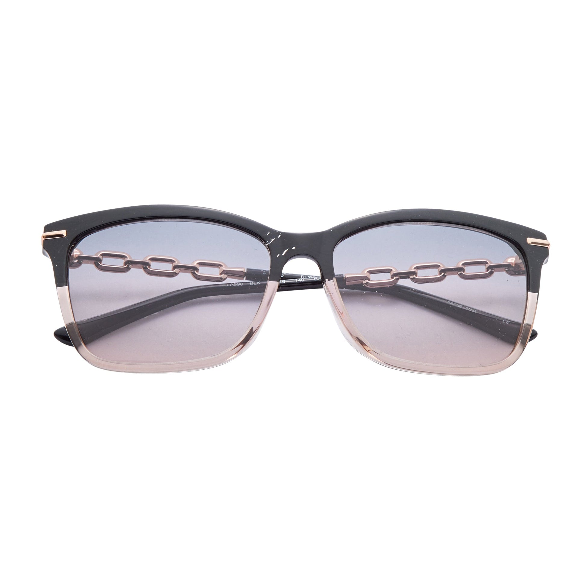 L.A.M.B. LA598 BLK oversized sunglasses with black crystal brow, blush rim, rose gold chain temples, and gradient smoke to blush lenses with UV400 protection