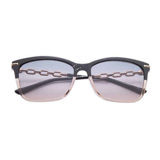 L.A.M.B. LA598 BLK oversized sunglasses with black crystal brow, blush rim, rose gold chain temples, and gradient smoke to blush lenses with UV400 protection